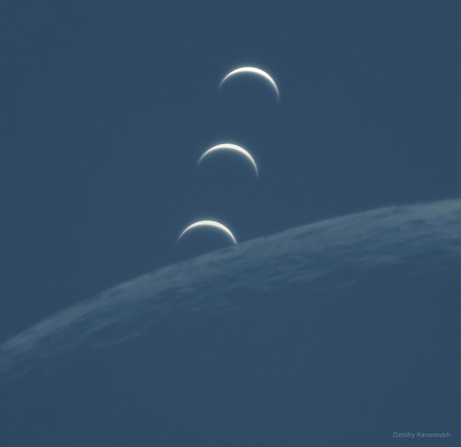 Composição que mostra Vênus "se pondo" acima da Lua (Imagem: Dzmitry Kananovich)