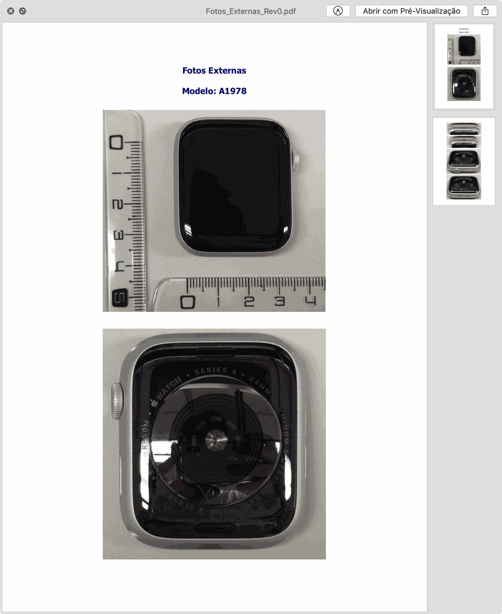 Foto externa com medida do Apple Watch Series 4 (GPS) de 44mm (Imagem: Anatel)