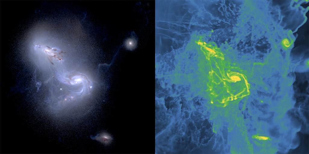 Comparação das estrelas e poeira (esquerda) e de gases na direita em duas galáxias simuladas, em estágios iniciais de colisão (Imagem: Reprodução/Anna Wright, Johns Hopkins University; Chris Henze, NASA/Ames)