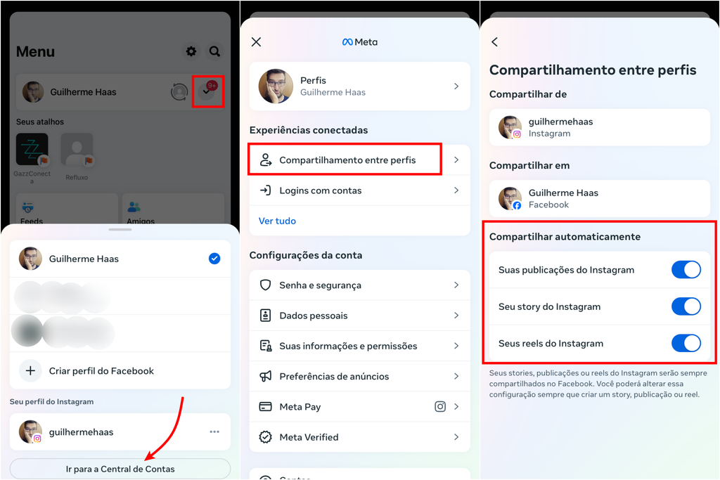 Você pode acessar a Central de Contas no apo do Facebook para gerenciar o compartilhamento automático de publicações entre seus perfis da Meta (Imagem: Captura de tela/Guilherme Haas/Canaltech)