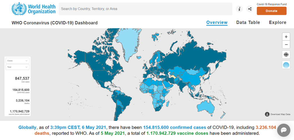 Plataforma da OMS detalha casos do novo coronavírus no mundo todo (Imagem: Reprodução/OMS)