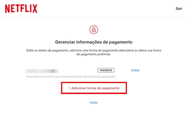 Nas configurações da sua conta, atualize a forma de pagamento para pagar Netflix atrasada (Captura de tela: Caio Carvalho)