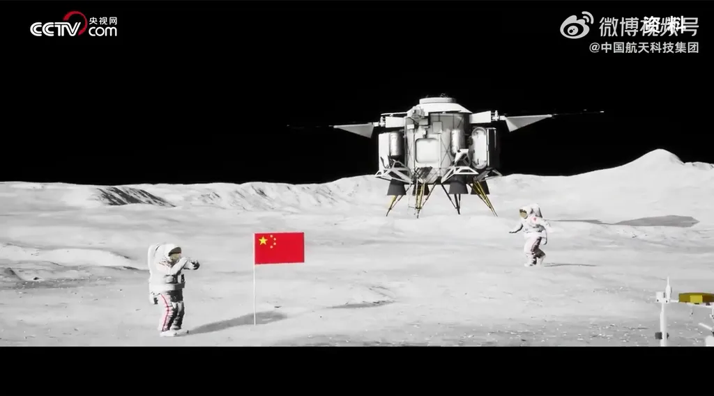 Conceito de taikonautas ao lado da bandeira chinesa cravada no solo lunar (Imagem: Reprodução/CASC)