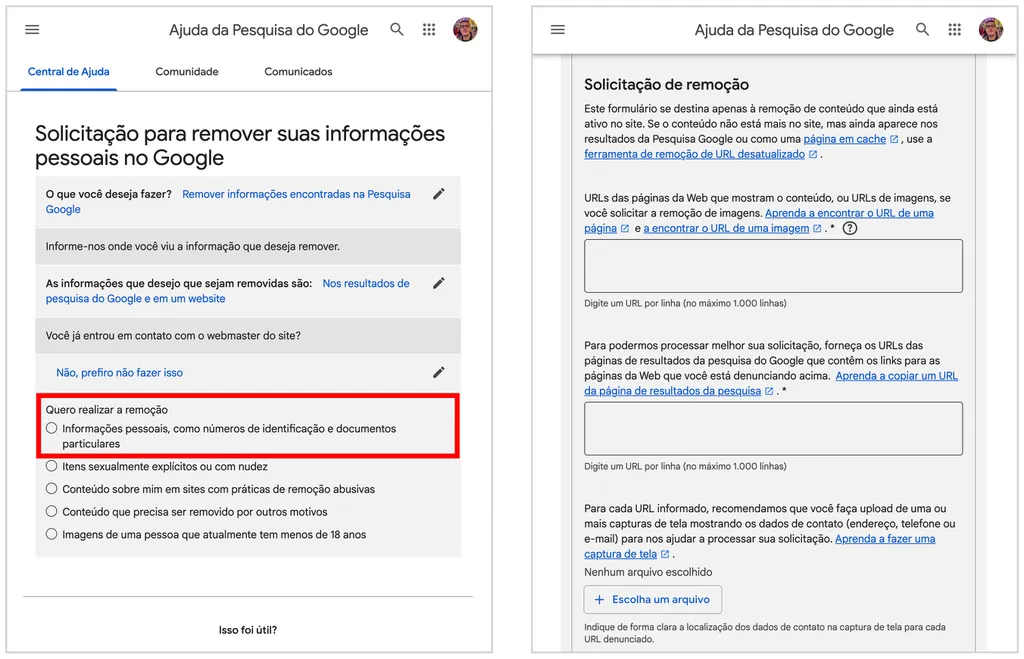 Preencha o formulário para remover e-mail, telefone e endereço da busca do Google (Captura de tela: Caio Carvalho)