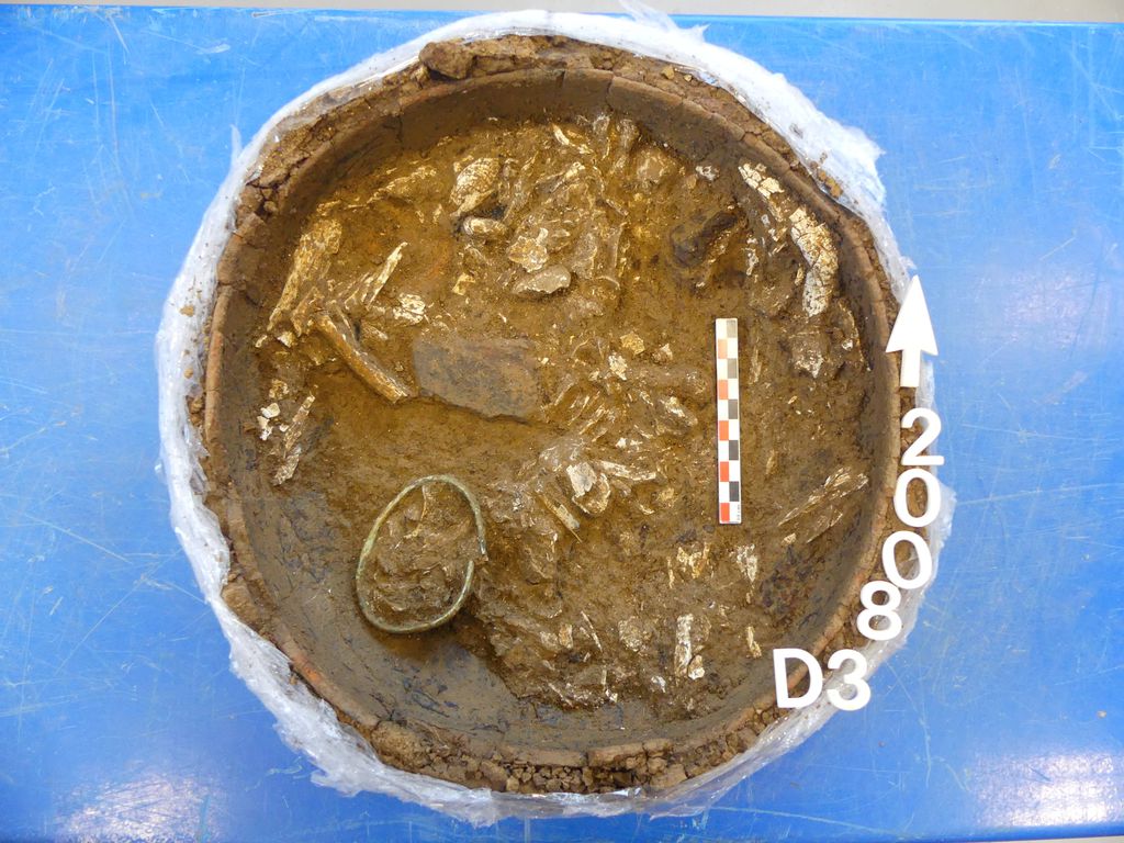 Um bracelete, na parte inferior esquerda, foi encontrado neste poço de incineração presente no misterioso sítio arqueológico (Imagem: Luc Staniaszek/Inrap)