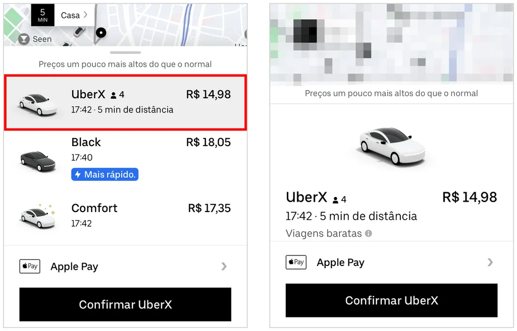 UberX é modalidade mais barata para economizar em viagens no Uber (Captura de tela: Caio Carvalho)