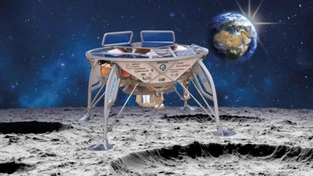 Representação do lander da missão Beresheet; a Beresheet-2 terá arquitetura diferente, com dois pequenos landers e um orbitador (Imagem: Reprodução/SpaceIL)