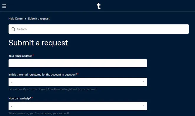 O formulário de recuperação de conta no Tumblr pede informações do usuário para assegurar propriedade sobre a conta/blog (Imagem: Igor Almenara/Canaltech)
