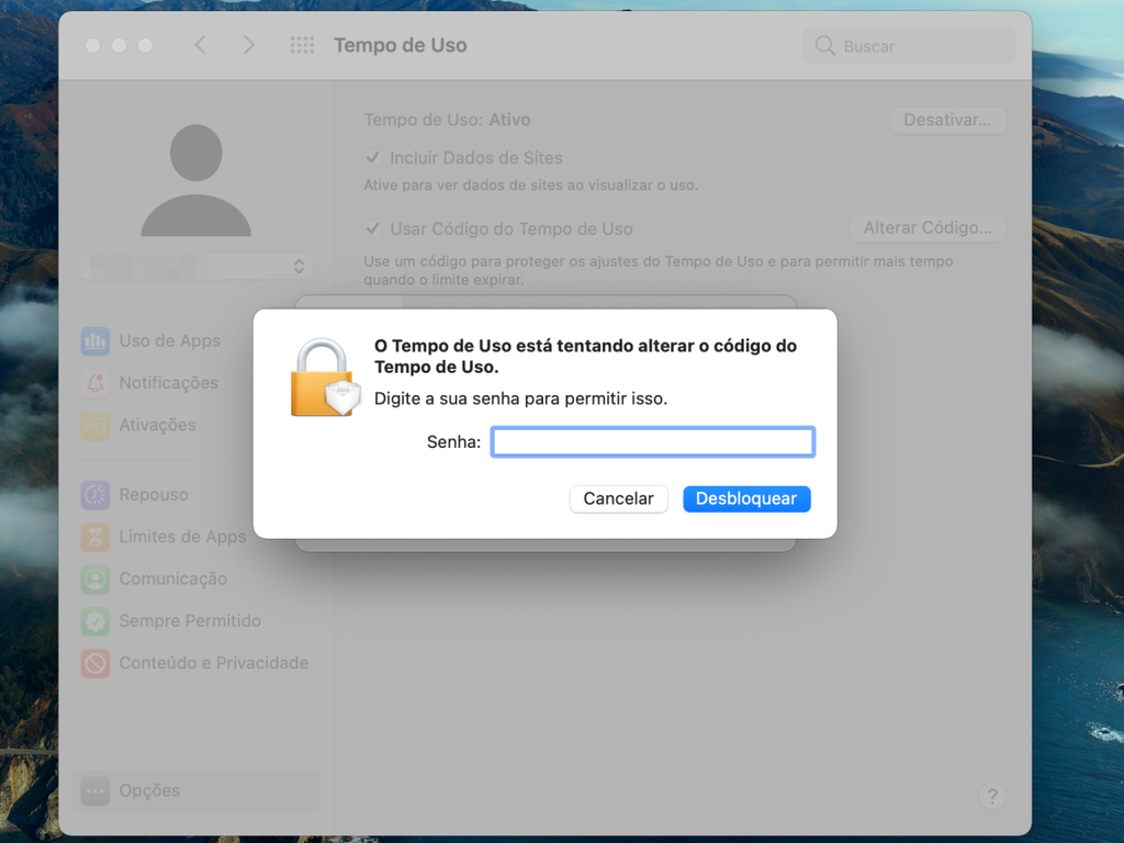 Digite a senha do Mac para autenticar a janela de alteração do código do Tempo de Uso - Captura de tela: Thiago Furquim (Canaltech)