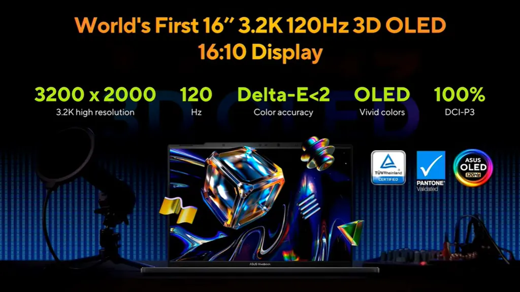 Além da tecnologia 3D, o display OLED é bastante avançado, trazendo resolução 3,2K, taxa de atualização de 120 Hz e alta precisão de cores (Imagem: ASUS)