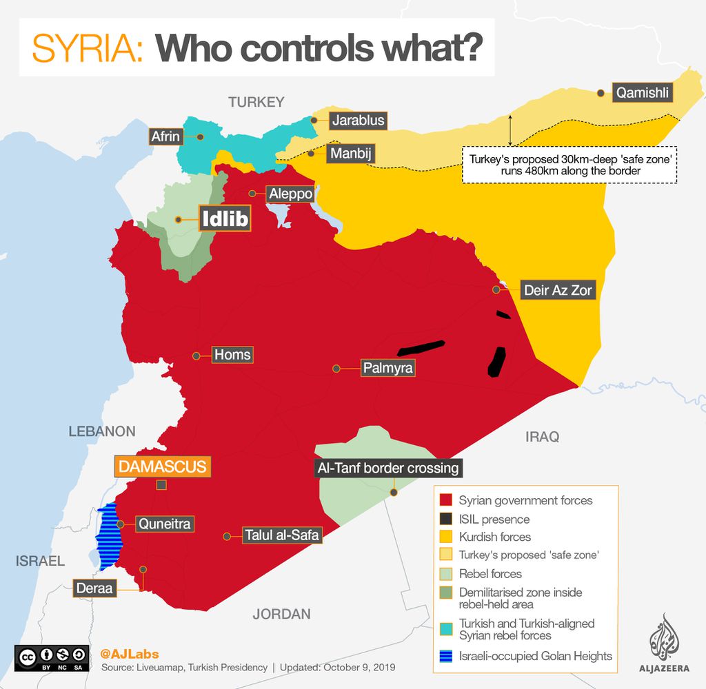 Mapa das diferentes forças que controlam a Síria. Em amarelo escuro, ao norte do país, está a região controlada pelos Curdos (Fonte: Liveuamap)