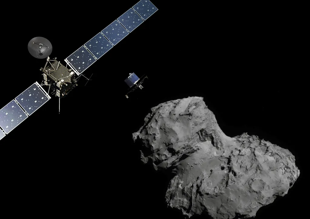 A Rosetta contou com o lander Philae, que pousou na superfície do cometa (Imagem: Reprodução/Reprodução/ESA/ATG medialab/Rosetta/Navcam)