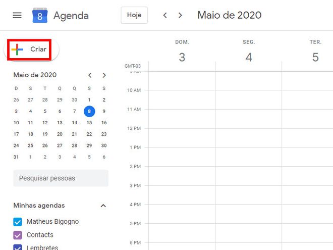 Abra o Google Agenda em seu navegador e clique em "Criar" no canto superior esquerdo (Captura de tela: Matheus Bigogno)