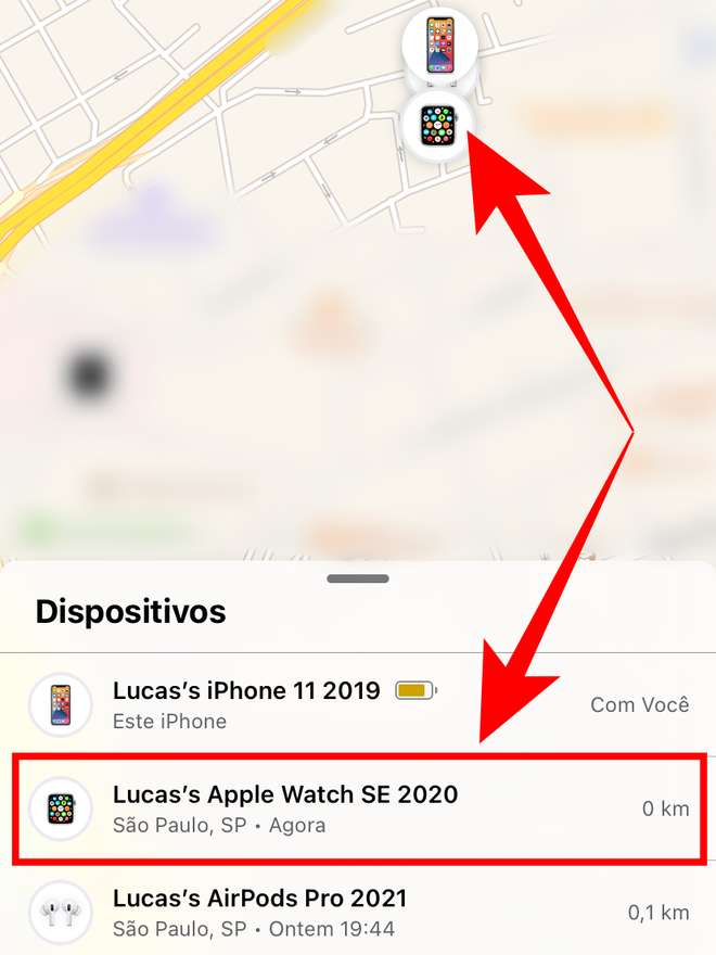 Abra o app Buscar do iOS e clique em seu smartwatch. Captura de tela: Lucas Wetten (Canaltech)