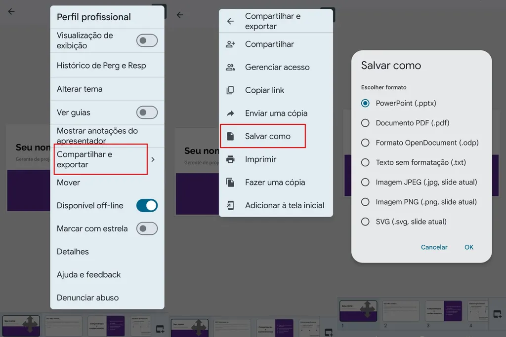 Opções para salvar e exportar um arquivo do Apresentações Google pelo celular (Imagem: Captura de tela/Guilherme Haas/Canaltech)