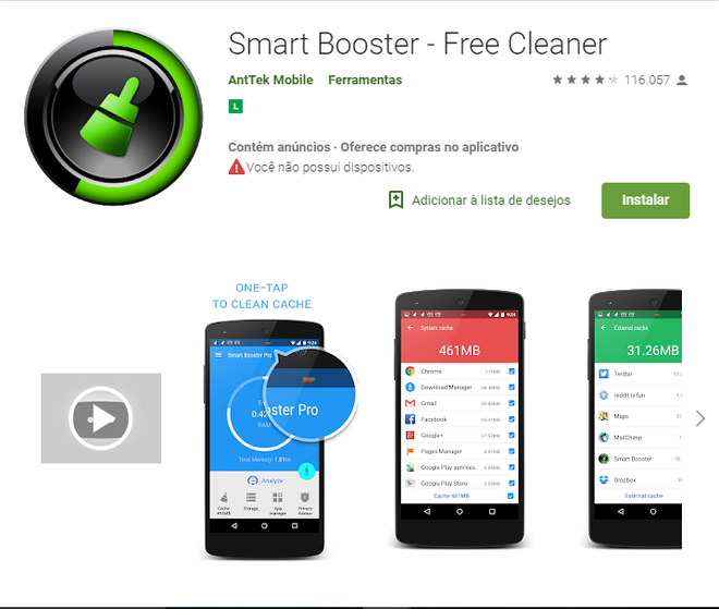 Apps para fazer a limpeza do seu celular: Smart RAM Booster (Captura de tela: Ariane Velasco)