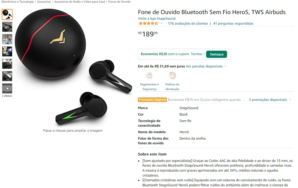 Fone de Ouvido Bluetooth StageSound Hero5, TWS Airbuds 61254 Canaltech Ofertas