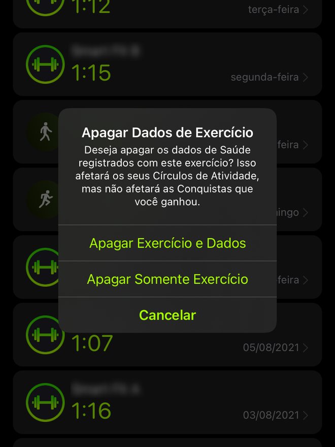 Escolha se deseja manter os dados no app Saúde ou excluir todo o histórico do exercício - Captura de tela: Thiago Furquim (Canaltech)