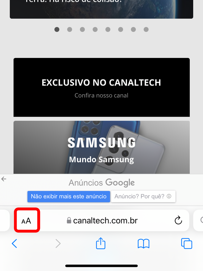 Toque no botão indicado para abrir as preferências do Safari - Captura de tela: Thiago Furquim (Canaltech)