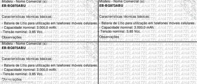 Documento de homologação das baterias do Galaxy S10 pela Anatel (Imagem: Anatel)