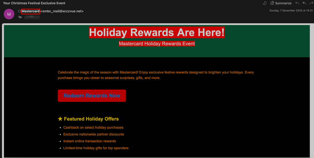 Exemplo de um e-mail de phishing tematizado para o Natal (Imagem: Check Point Software/Divulgação)