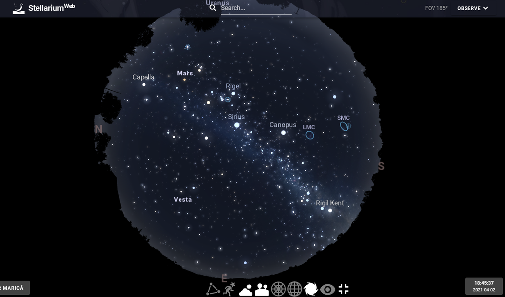 O software Stellarium Web é gratuito e fornece uma grande variedade de informações para estudos do céu (Imagem: Stellarium Web/Captura de tela)