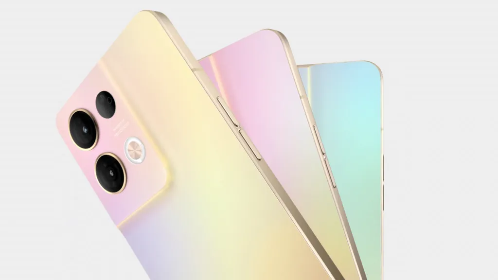 Smartphone tem três cores e modelo iridescente que muda de tom de acordo com a luz (Imagem: Reprodução/Oppo)