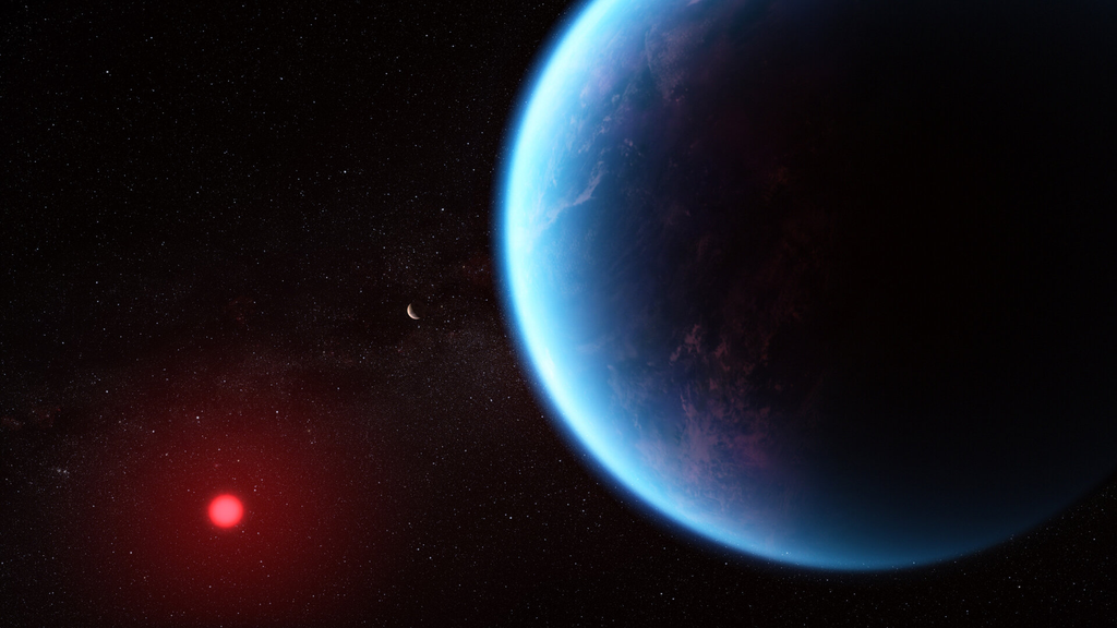 Representação artística do exoplanetaq K2-18 b, orbitando a estrela H2-18 (Imagem: Reprodução/NASA, CSA, ESA, J. Olmstead (STScI), N. Madhusudhan (Cambridge University)