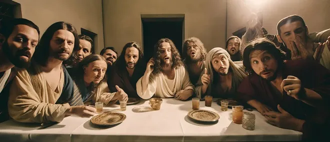 A última ceia de Jesus com seus discípulos imaginada como selfie (Imagem: Reprodução/Duncan Thomsen/Midjourney)