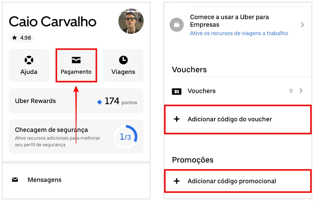 Como adicionar voucher ou código promocional no app da Uber (Captura de tela: Caio Carvalho)