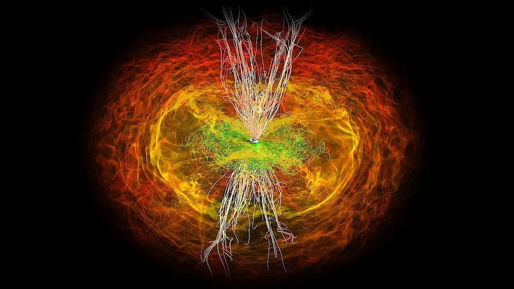 Simulação numérica de estrelas de nêutrons se fundindo para formar um buraco negro e formando ondas eletromagnéticas (Imagem: Reprodução/L. Rezolla (AEI) e M. Koppitz (AEI e Zuse-Institut Berlin))