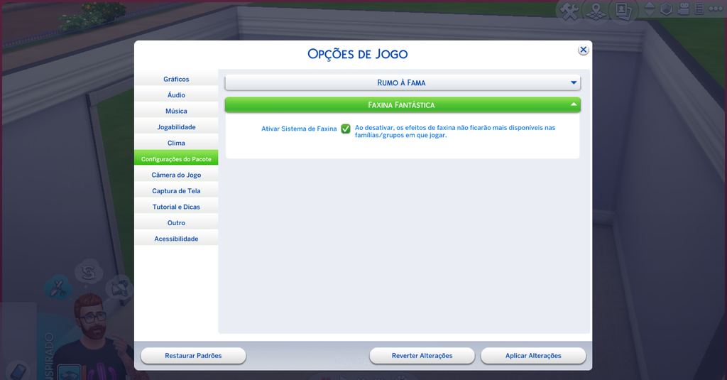 The Sims 4 Faxina Fantástica permite habilitar ou desabilitar o sistema de faxina em seus lotes (Imagem: Captura de tela/Nathan Vieira/Canaltech)