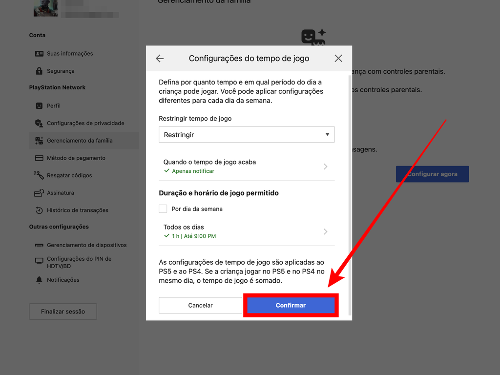 Se preferir, você ainda pode restringir o tempo que a criança poderá usar o PS5. Se o tempo se encerrar e ela ainda estiver no console, o aparelho é bloqueado até a próxima utilização (Captura de tela: Caio Carvalho/Canaltech)