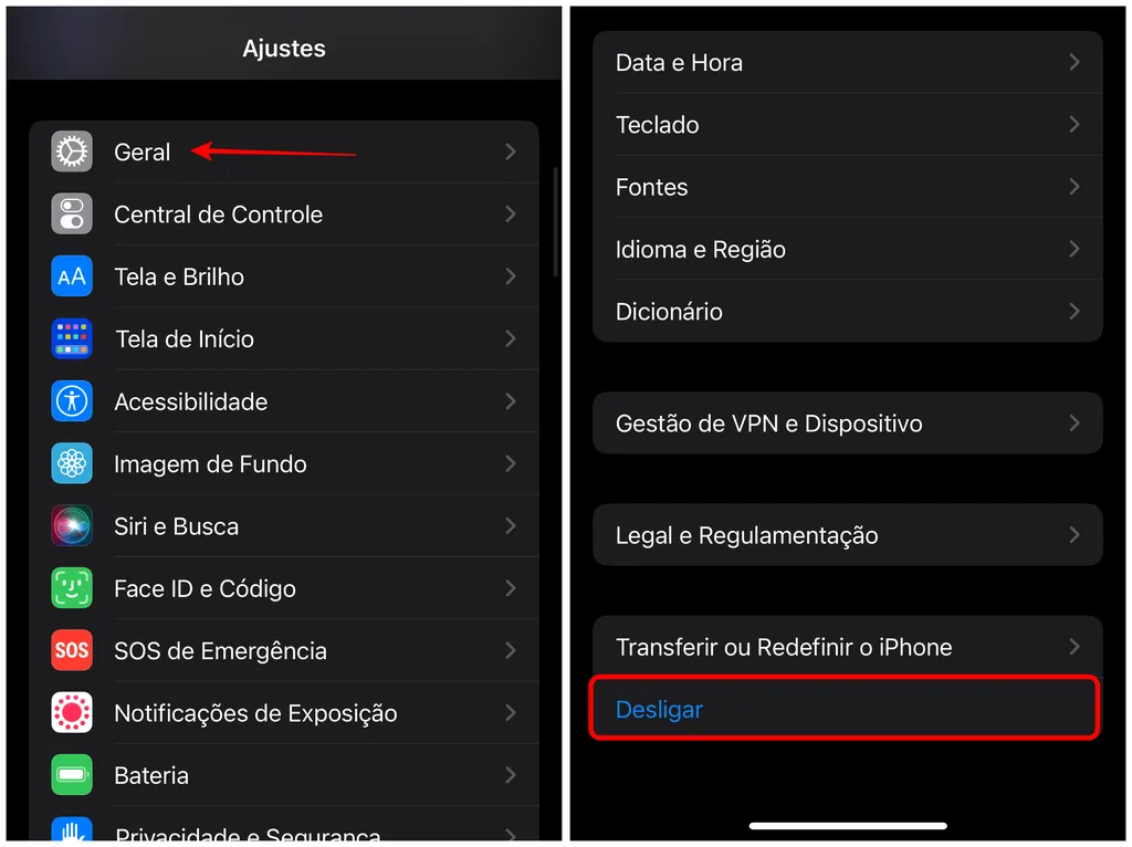 Acesse os ajustes do iPhone para desligar o aparelho (Imagem: Captura de tela/Thiago Furquim/Canaltech)