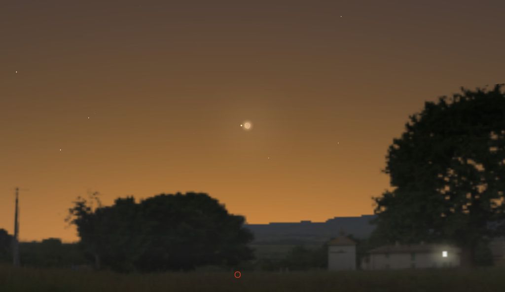 Lua e Marte estarão muito próximos logo após o pôr do Sol (Imagem: Captura de tela/Stellarium)