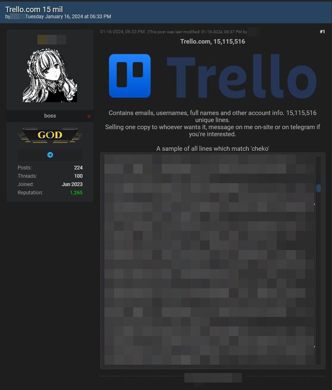 Banco de dados comprometidos do Trello está à venda em fórum cibercriminoso; especialistas apontam que vazamento não ocorreu a partir da plataforma de gerenciamento (Imagem: Captura de tela/Felipe Demartini/Canaltech)