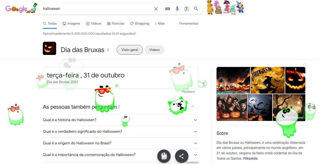 Buscas por Halloween preenchem a tela com fantasmas no Google (Imagem: Reprodução/Google)