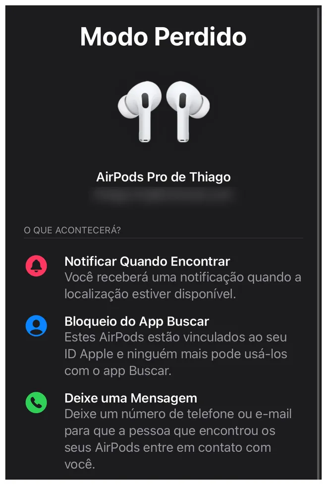 Ative o Modo Perdido para deixar seu contato pessoal nos AirPods (Captura de tela: Thiago Furquim/Canaltech)