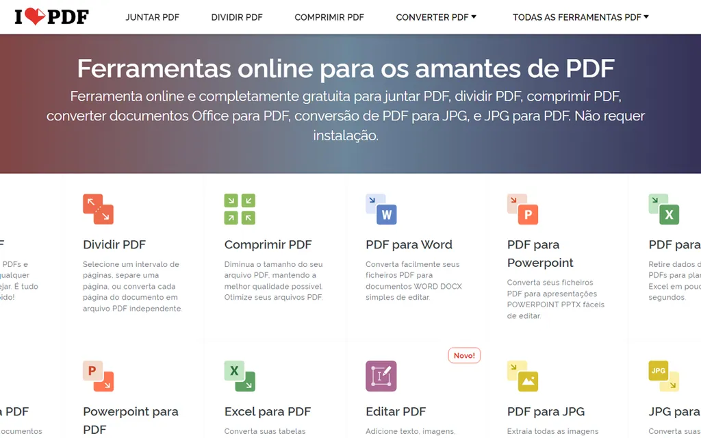 ILovePDF reúne diversas ferramentas no navegador (Captura de tela: André Magalhães)