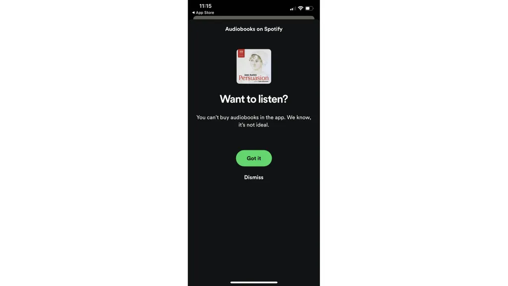No lugar de links de compra, o Spotify apenas lamenta que o usuário não pode comprar o título (Imagem: Reprodução/The Verge)
