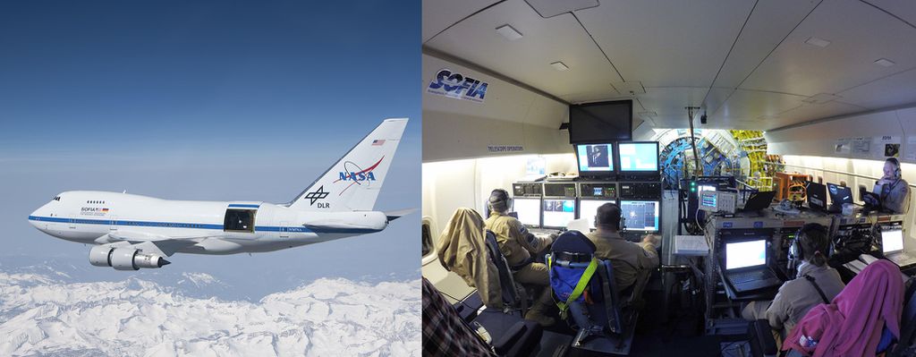 O observatório SOFIA acoplado ao Boing durante o voa e sua equipe trabalhando de dentro do avião (Imagem: Reprodução/NASA)
