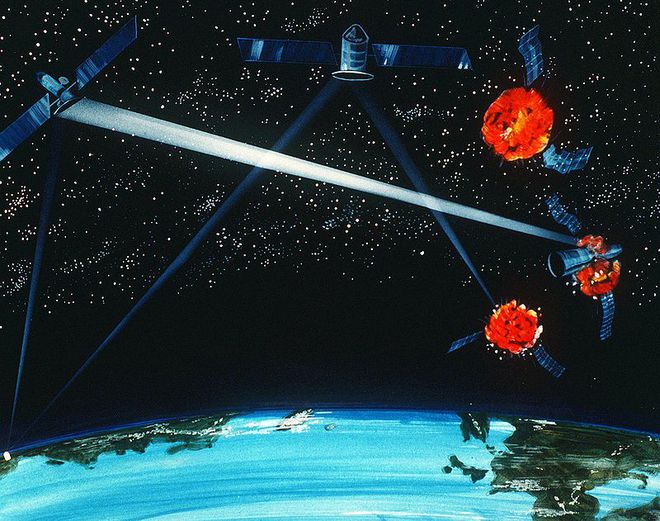 Concepção artística de uma arma de energia instalada no espaço, em 1984 (Imagem: Reprodução/U.S. Air Force)