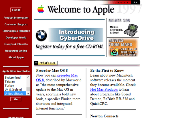 O site da Apple continha bastante texto em 1997 (Imagem: Reprodução/Web Design Museum)