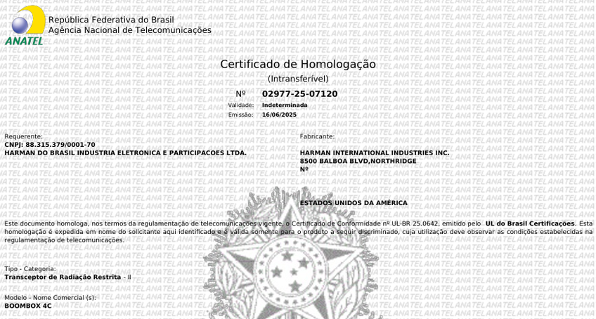 JBL Boombox 4T e JBL Boombox 4C - certificados de homologação