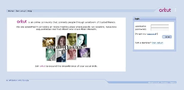 Tela inicial do Orkut em seus primeiros anos (Fonte da imagem: Web Archive/Reprodução)