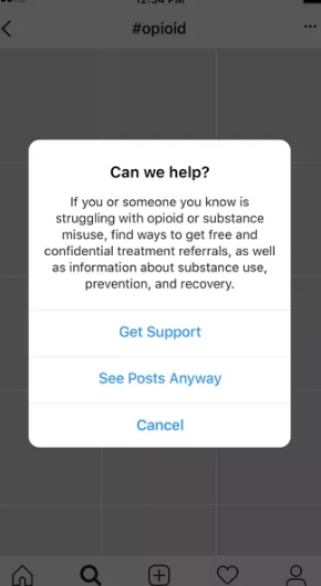 Instagram manda pop up de tratamentos para quem busca por opioides na rede