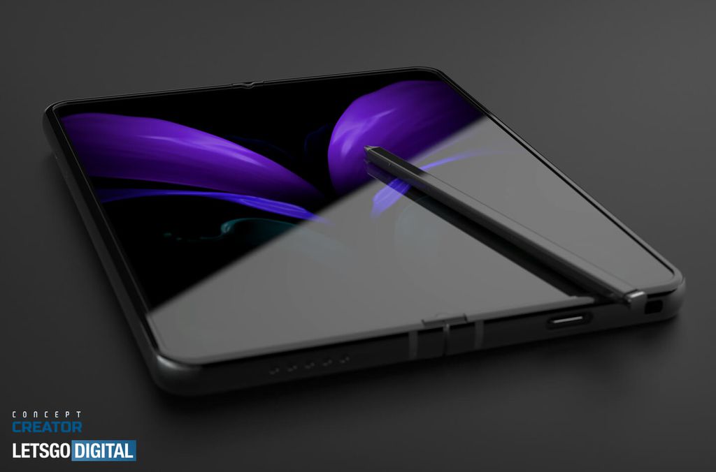 Galaxy Z Fold 3 teria câmera sob a tela no painel interno e suporte à S Pen (Imagem: Concept Creator/LetsGoDigital)