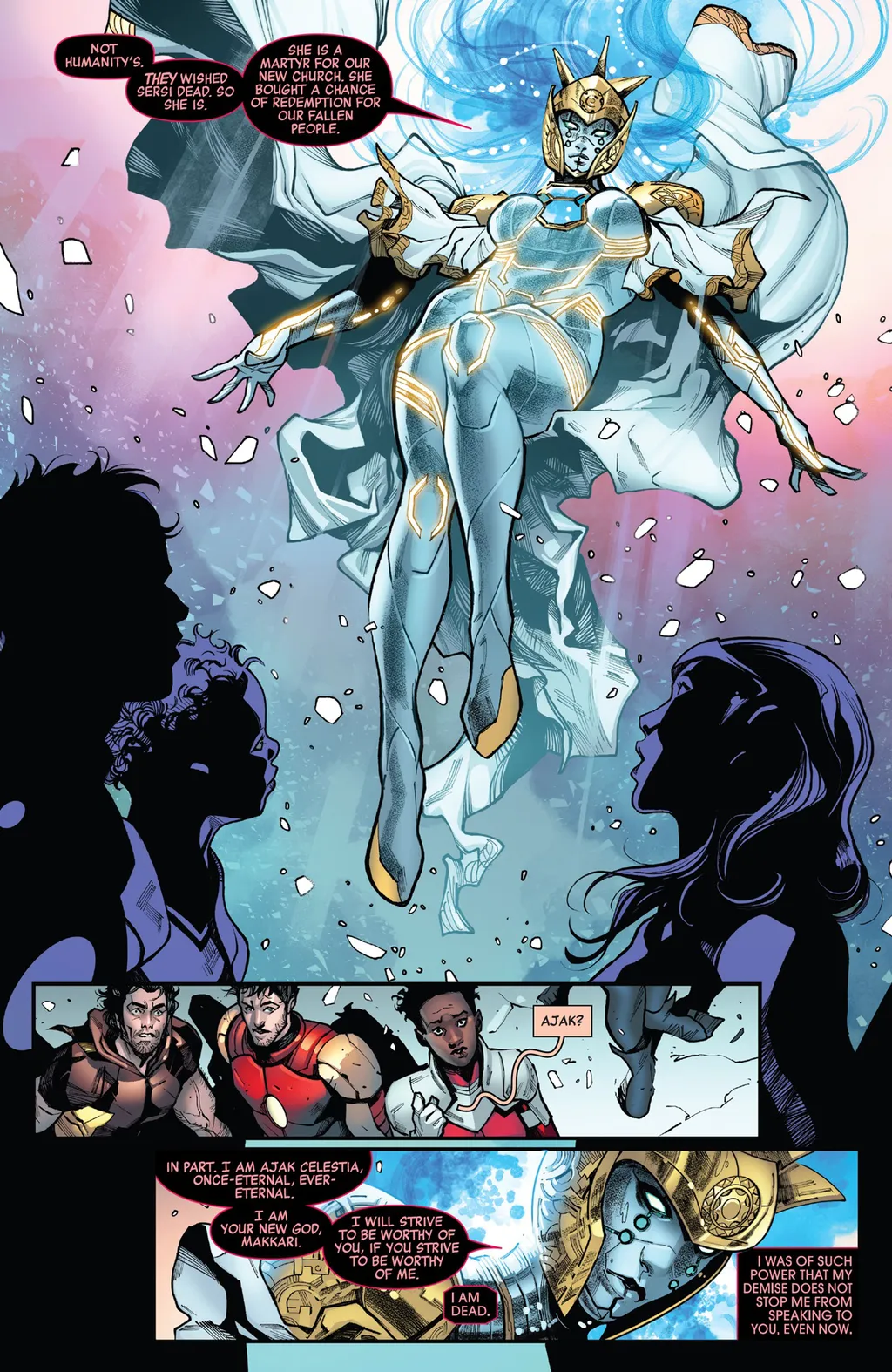 No final da treta entre Vingadores, X-Men e Eternos, Ajak se torna uma deusa que precisa julgar a humanidade diariamente (Imagem: Reprodução/Marvel Comics)