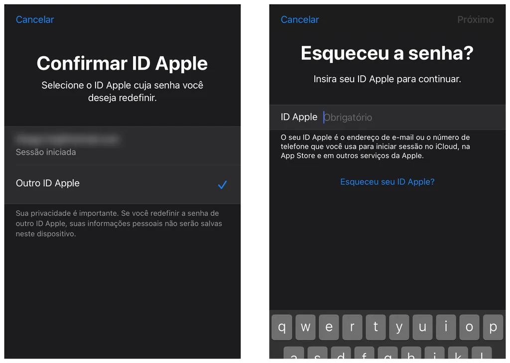 Insira o ID Apple que você deseja recuperar a senha no iPhone (Imagem: Thiago Furquim)