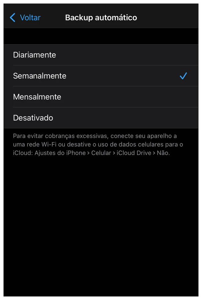 Determine a frequência de backup do WhatsApp no iPhone (Imagem: Thiago Furquim)